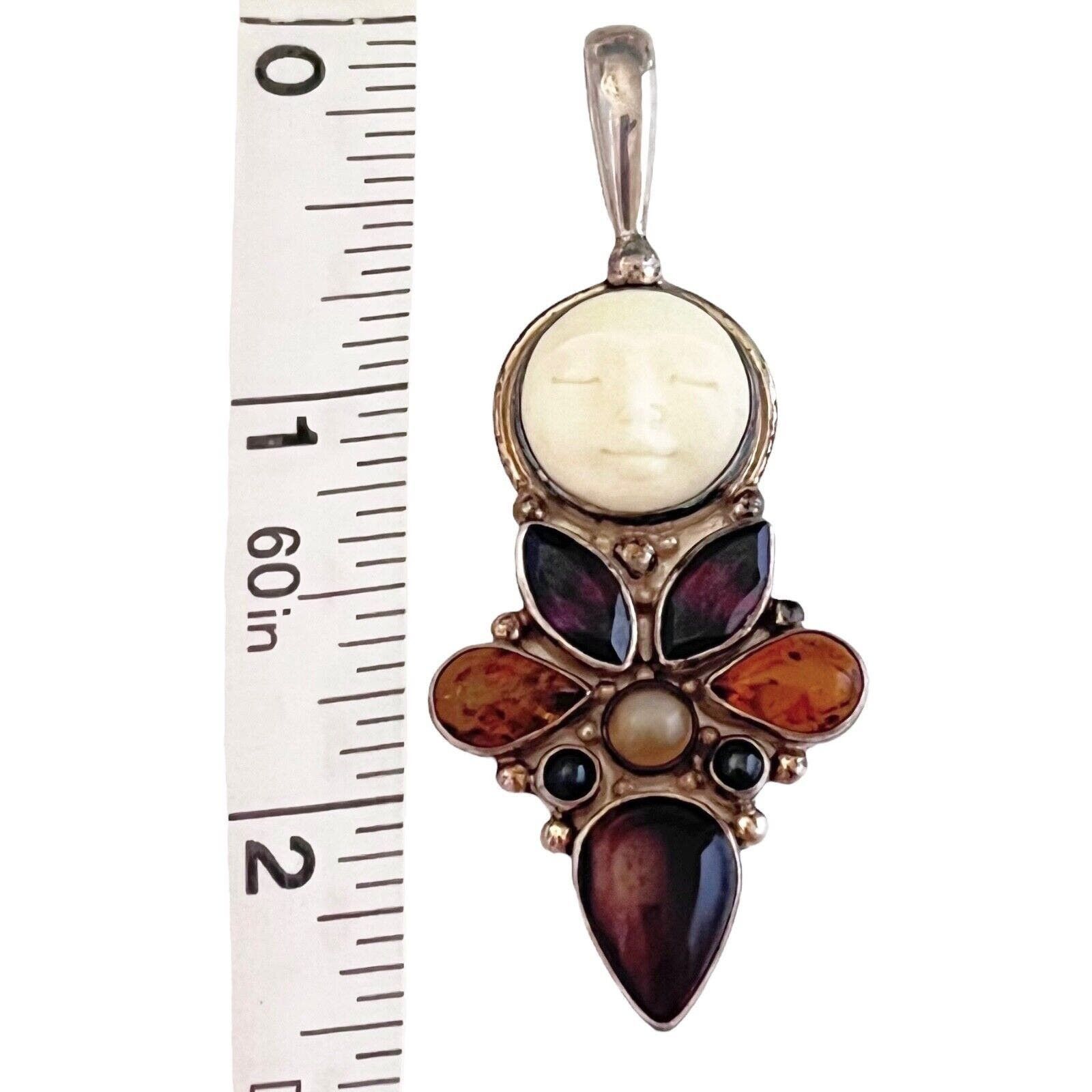image of Vintage Silver Sajen Moon Face Pendant Garnet Amber Tiger Eye Onyx, Women's