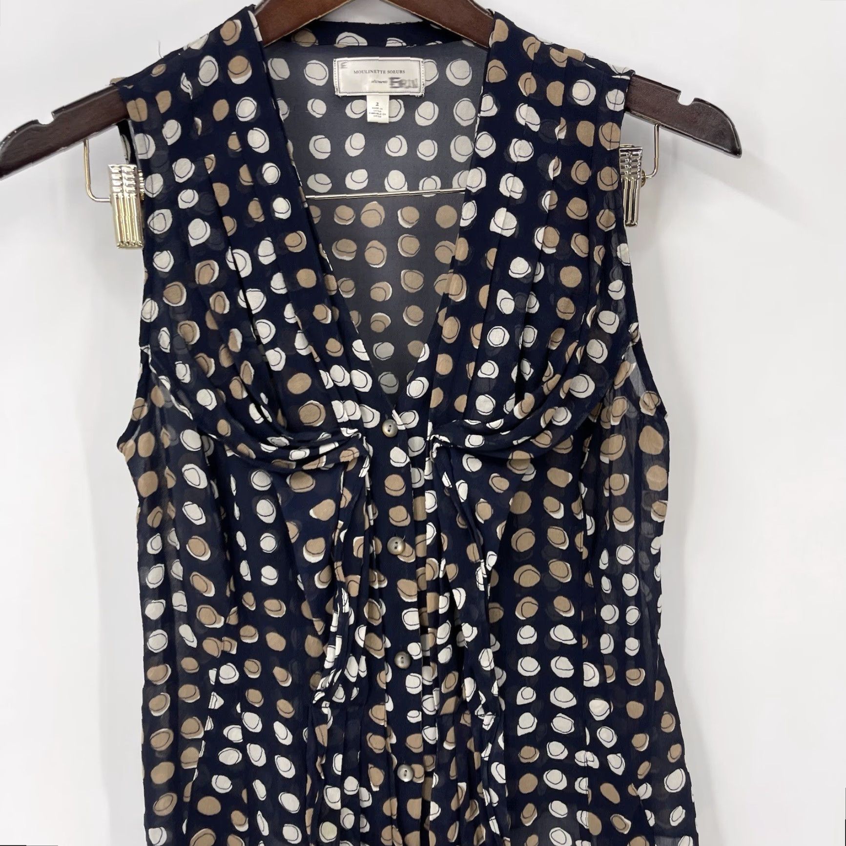Anthropologie VINTAGE Moulinette Soeurs Blouse Women Sleeveless Ruffle Sheer Geometric Blue 2 Size XS / US 0-2 / IT 36-38 - 3 Thumbnail