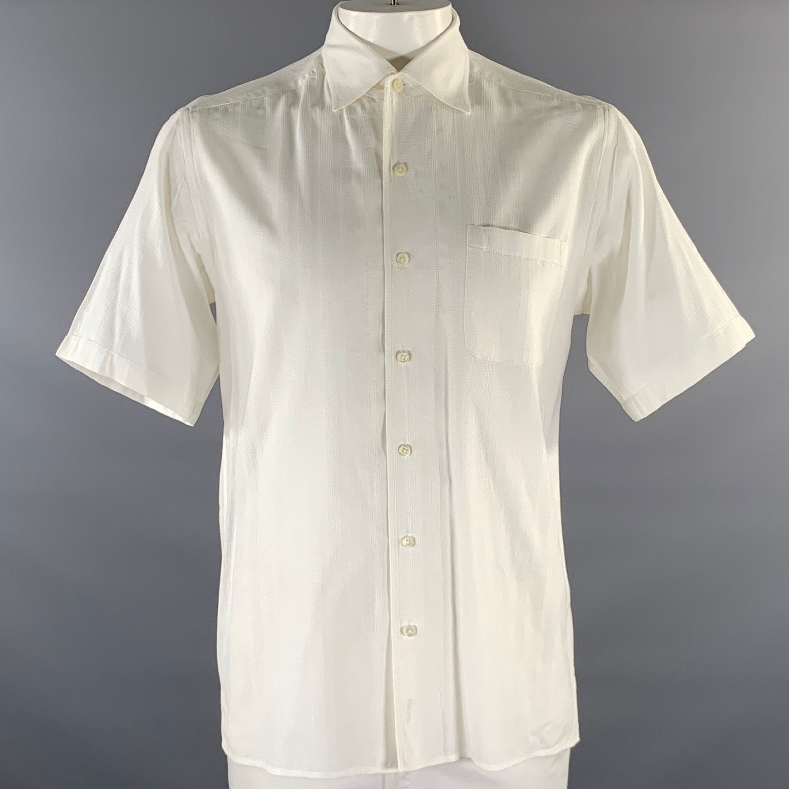 Ermenegildo Zegna ERMENEGILDO ZEGNA L White Stripe Cotton Short Sleeve Shirt Size US L / EU 52-54 / 3 - 1 Thumbnail