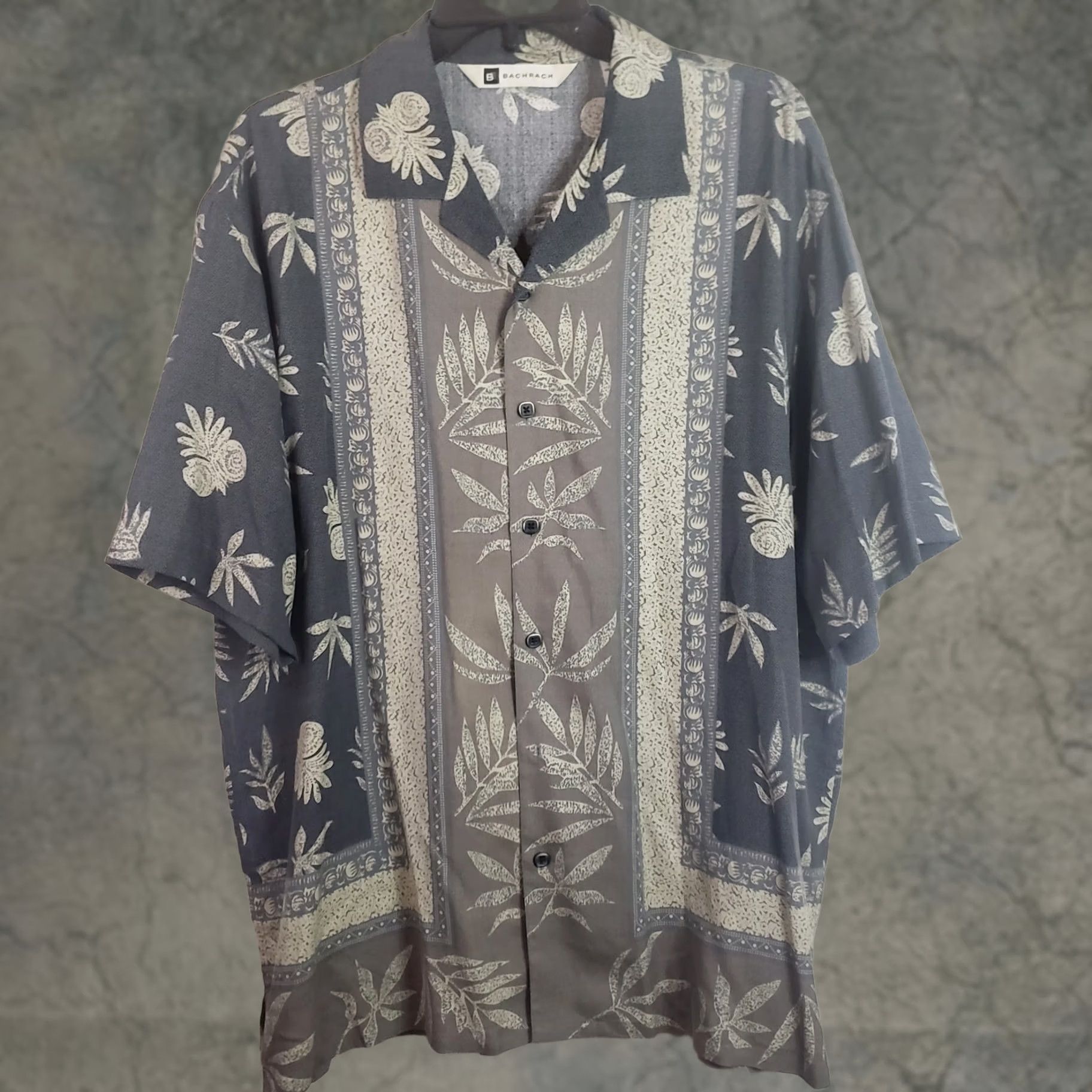 Vintage Bachrach Mens L Gray Green Hawaiian Camp Silk Shirt Vertical Striped Floral SS Shirt Size US L / EU 52-54 / 3 - 1 Thumbnail