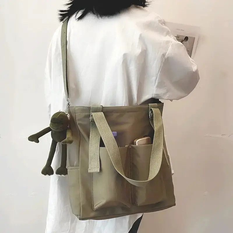 Japanese Brand Green Color Simple Fashion Nylon Canvas Tote Bag Size ONE SIZE - 9 Thumbnail