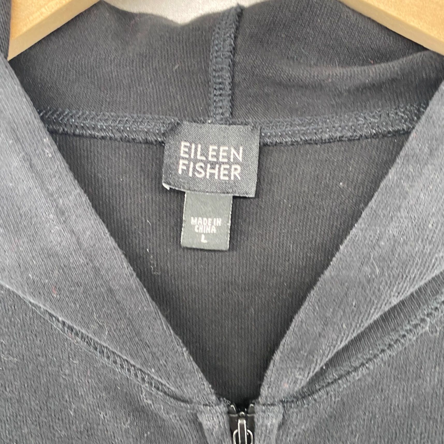 EILEEN FISHER Jacket L Hoodie Black Heavy Brushed Jersey Cotton Full Zip Boxy Hooded Pockets All Seasons
