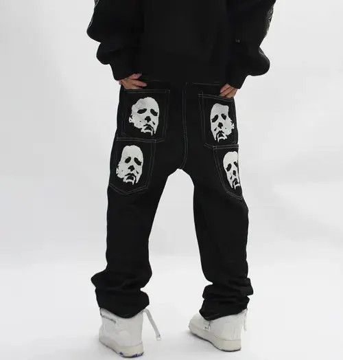 Japanese Brand Black face print washed straight jeans Size US 32 / EU 48 - 1 Thumbnail