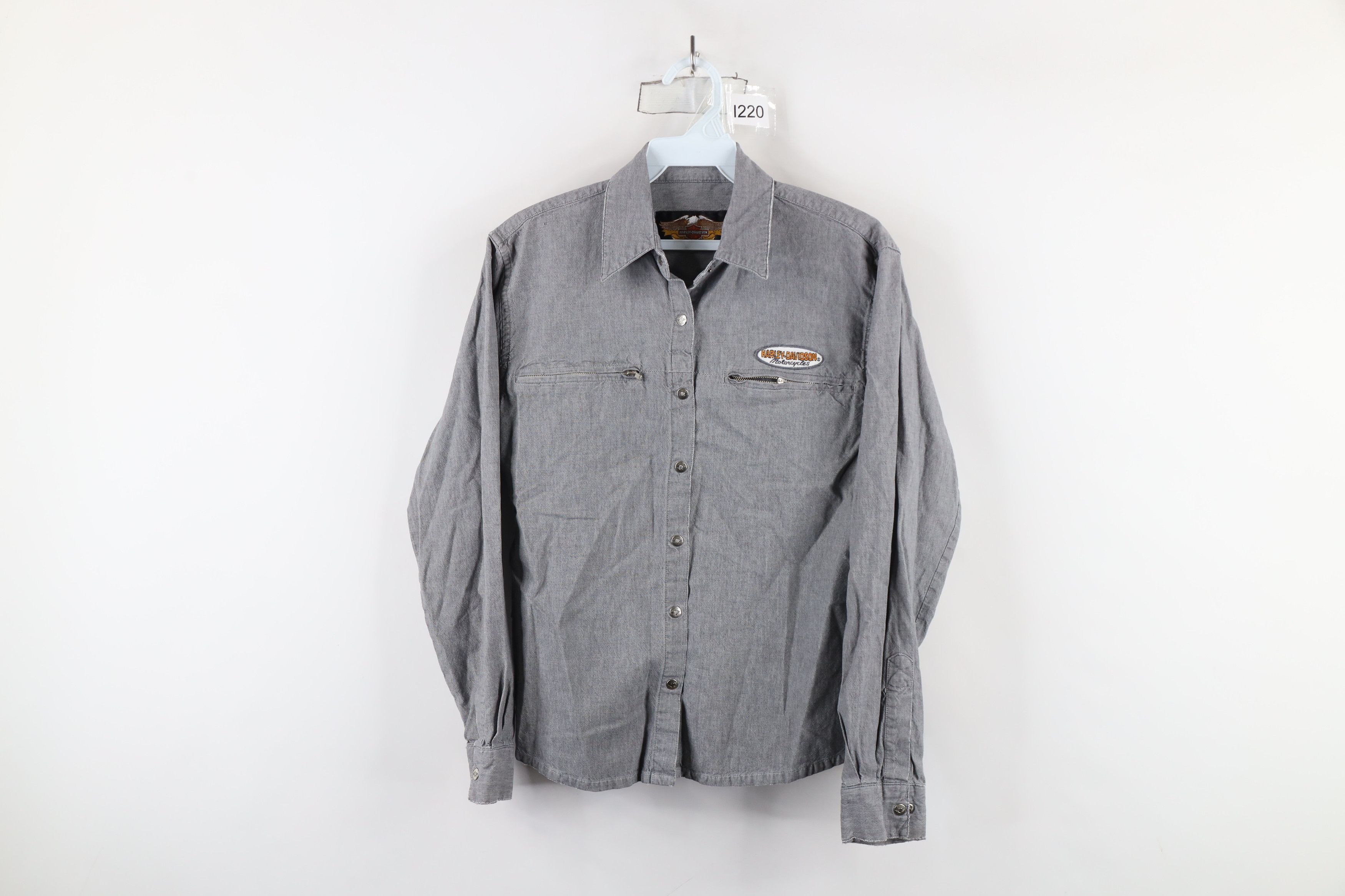 Harley Davidson × Vintage Vintage 90s Harley Davidson Chambray Button Shirt Gray Size S / US 4 / IT 40 - 1 Thumbnail