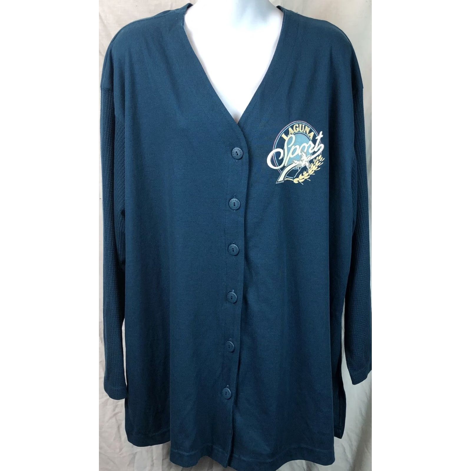 Vintage Laguna Sport Jersey Shirt Top 22W Turquoise Button Front V-Neck Longsleeve Womens Plus Size 22W Turquoise Jersey Sports Active Wear Size 3XL / US 20-22 - 6 Thumbnail