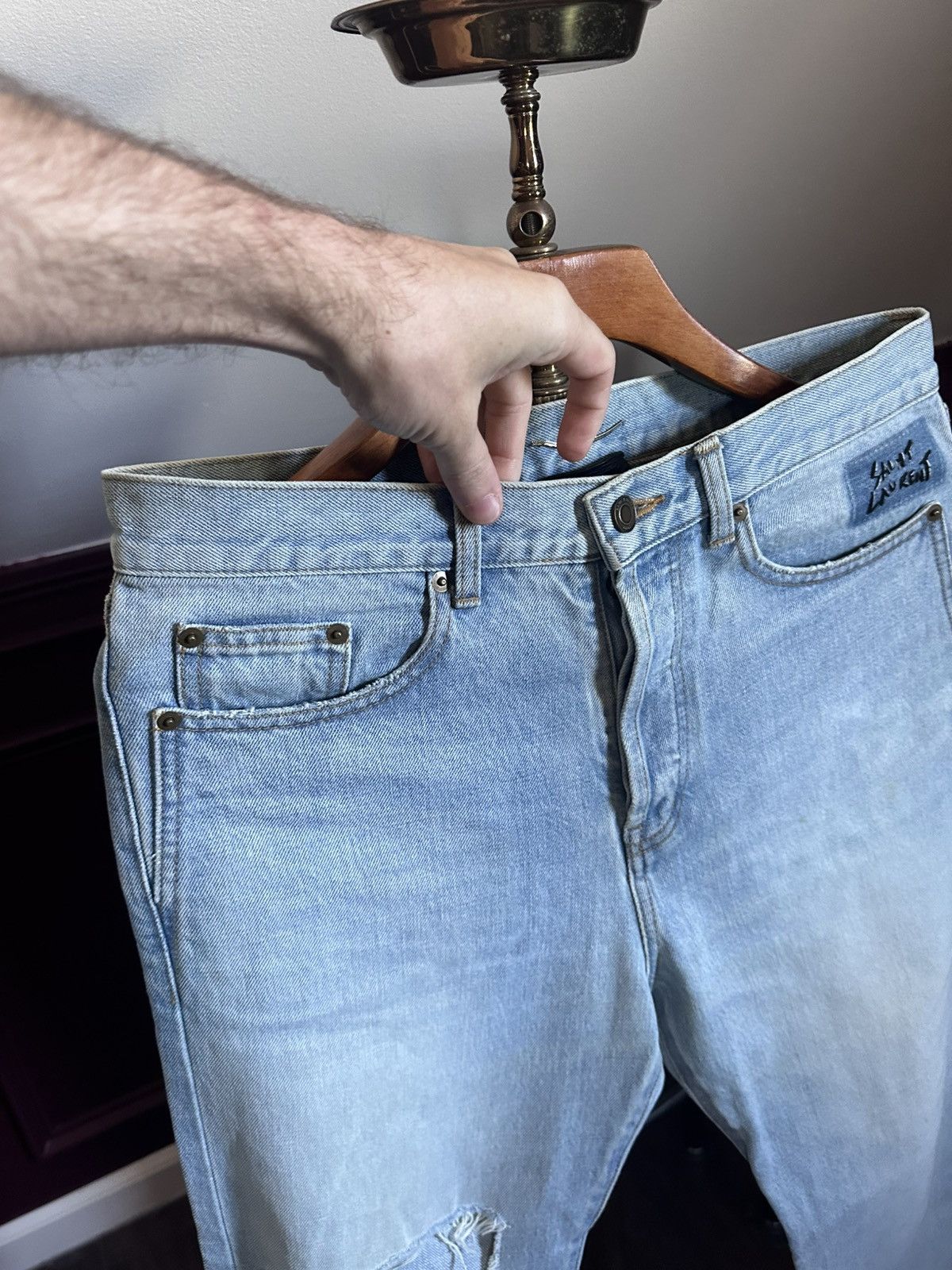 Saint Laurent Paris Japanese light wash logo stitched straight cropped jeans Size US 31 - 3 Thumbnail