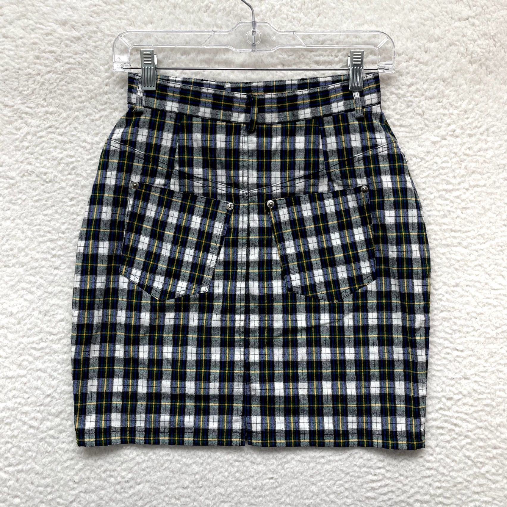 Express VINTAGE 80s 90s Plaid Mini Skirt Navy Blue XS Express Women 0 24 Preppy Western Prairie Size 25" / US 0 / IT 36 - 2 Thumbnail