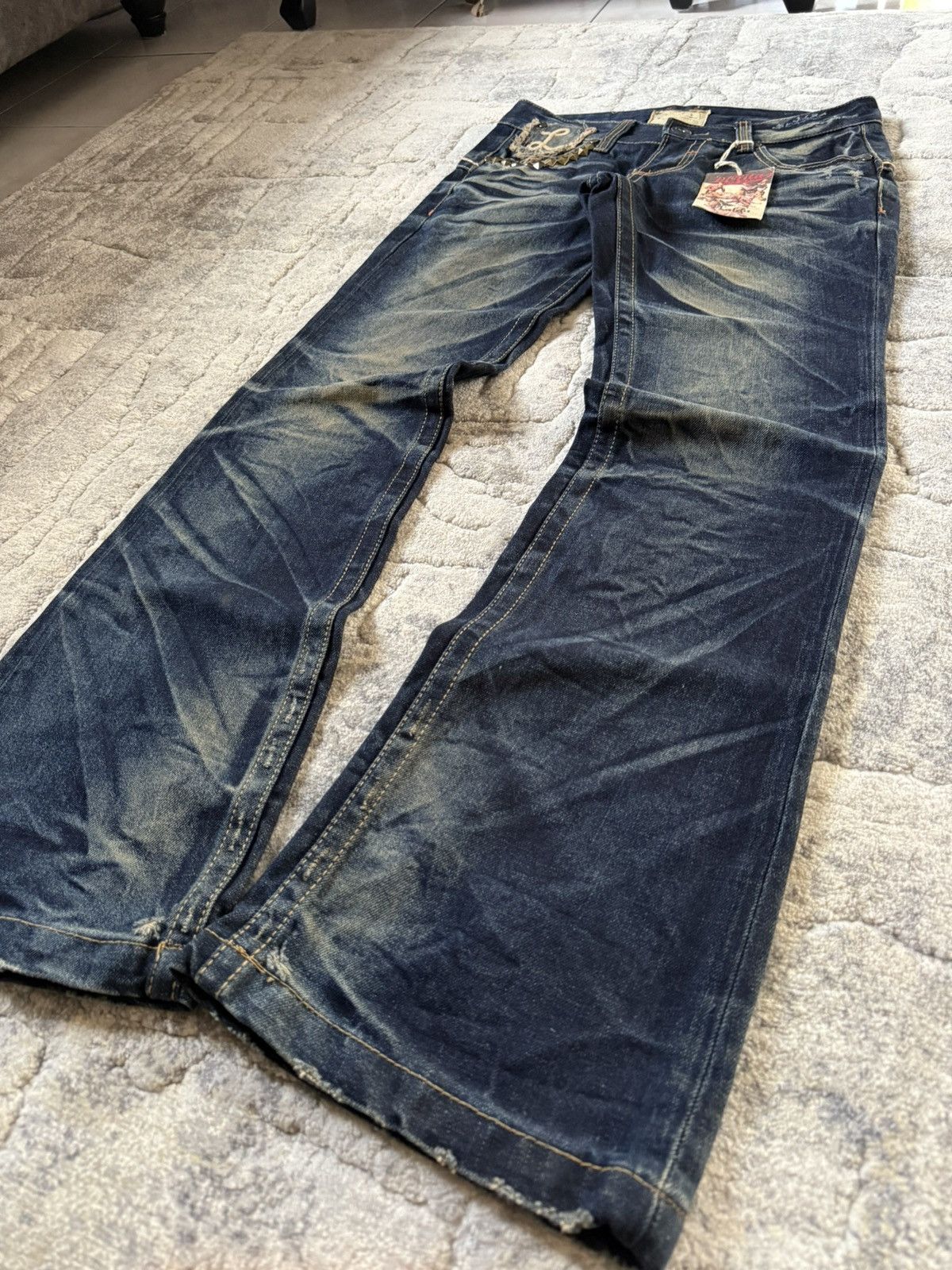 If Six Was Nine Lolita Concert Club Shadow Mud Wash Studded Flared Jeans Size US 30 / EU 46 - 24 Thumbnail