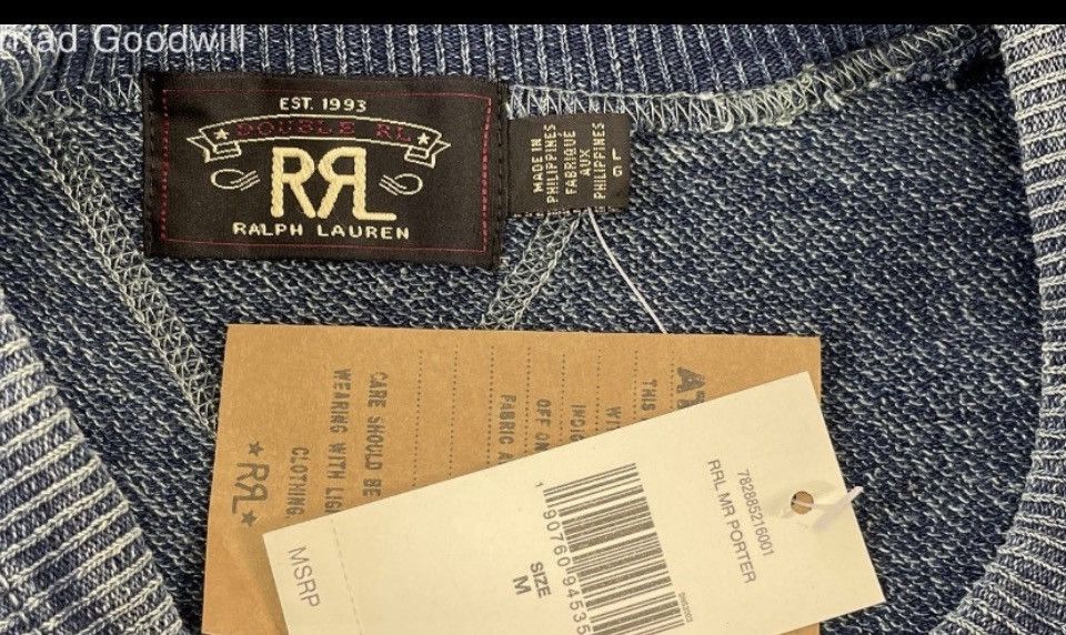 RRL Ralph Lauren RRL Indigo French Terry Sweatshirt NWT Vintage Wash Logo L Size US L / EU 52-54 / 3 - 7 Thumbnail