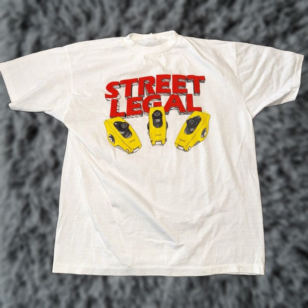 Crane Cams T Shirt White Graphic Print Men M Short Sleeve Round Neck Vintage Single Stitch 80’s Street Legal Band Theme Logo