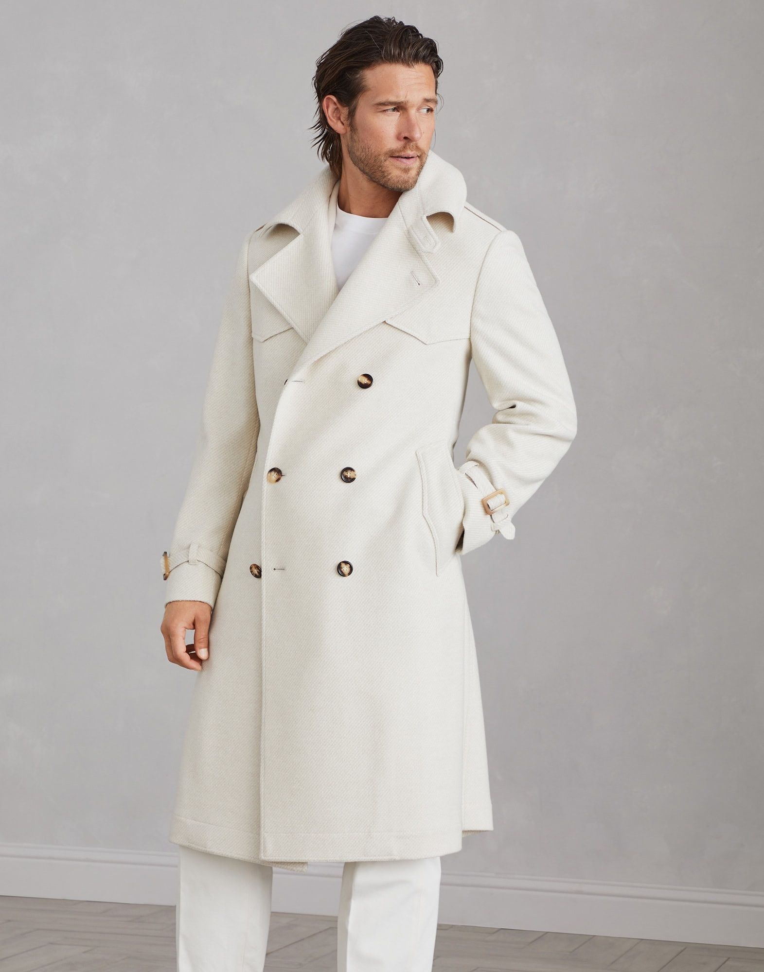 Brunello Cucinelli o1w1db10226 Wool And Silk Cashmere Trench Coat in Off White Size US L / EU 52-54 / 3 - 1 Thumbnail