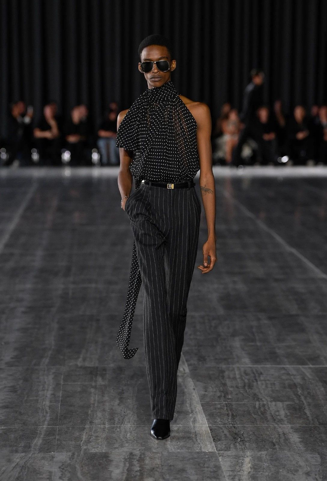 SS24 Saint Laurent Dotted Oversized Lavalliere-neck Top