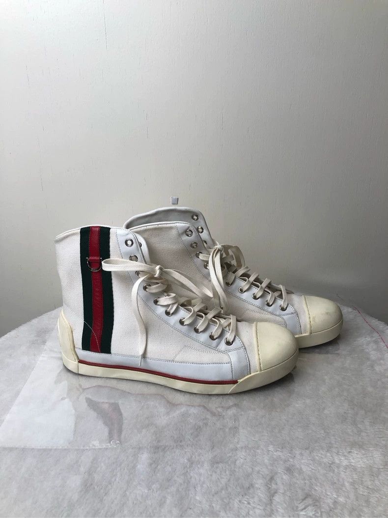 Gucci Gucci White High-Top Sneakers with Red-Green Web Strap - dmc Size US 7.5 / EU 40-41 - 1 Thumbnail