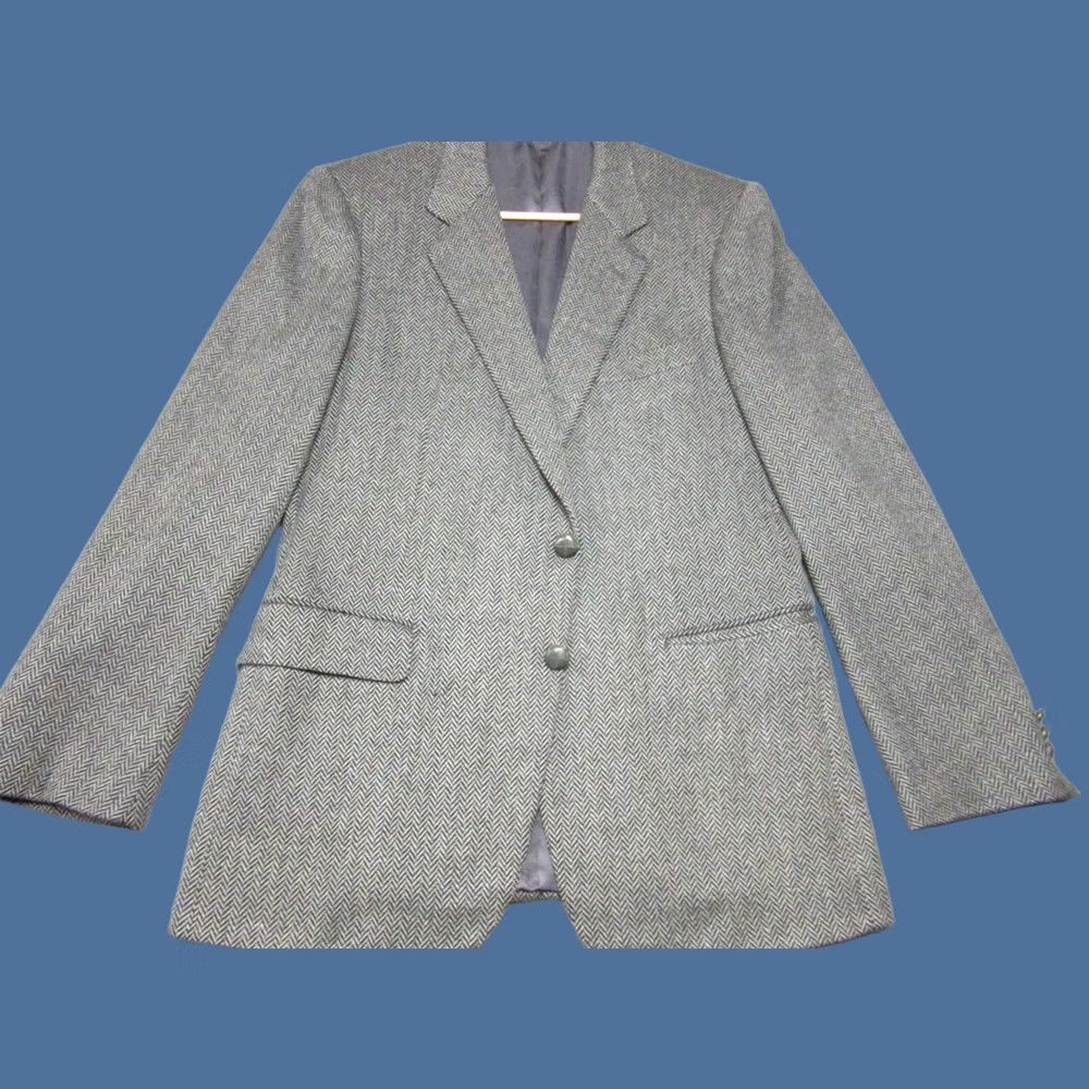Vintage Giorgio Beverly Hills Sport Coat Blazer Mens 52 Gray Black Herringbone Cashmere Tweed Regular Single-Breasted Two-Button Notch Lapel Men Size 52R - 1 Thumbnail