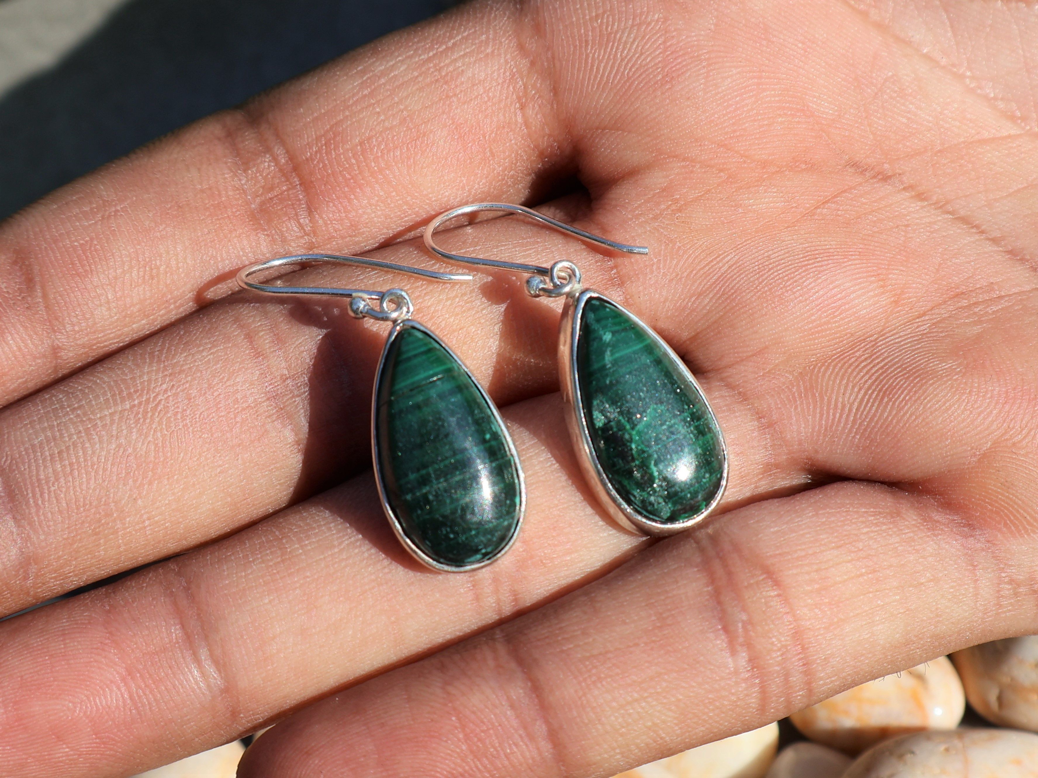 Handmade Malachite Dangle Drop Earrings, Sterling Handmade Earrings, Size ONE SIZE - 1 Thumbnail