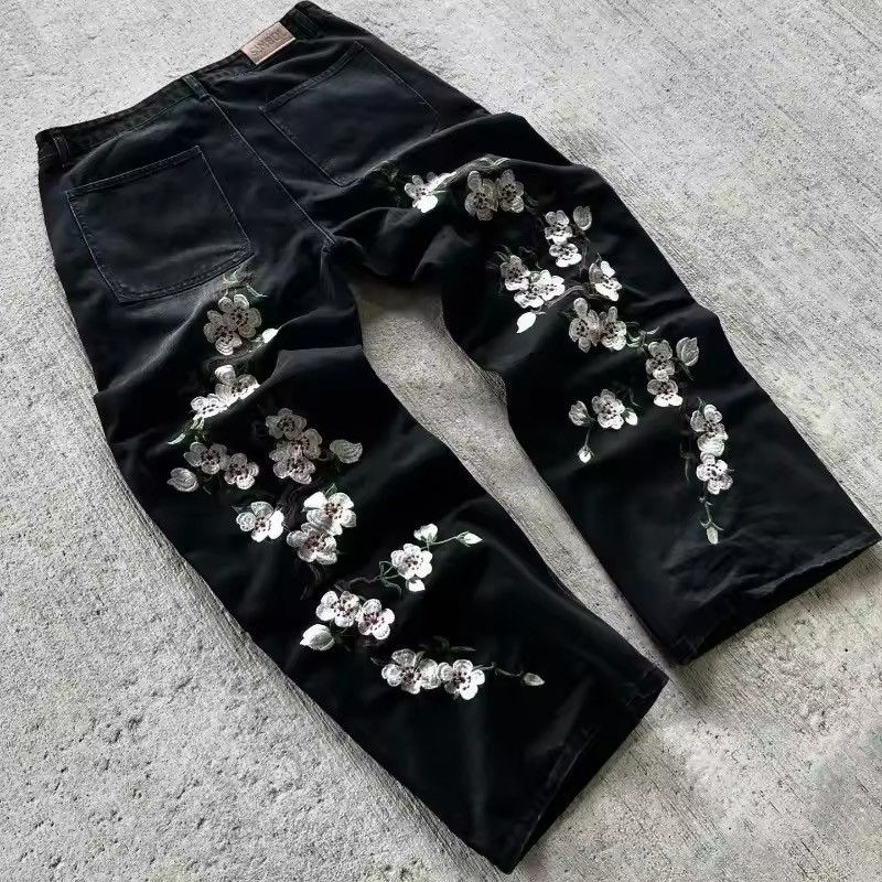 Japanese Brand × Jean embroidery cherry flower wide leg Jeans Size US 33 - 3 Thumbnail