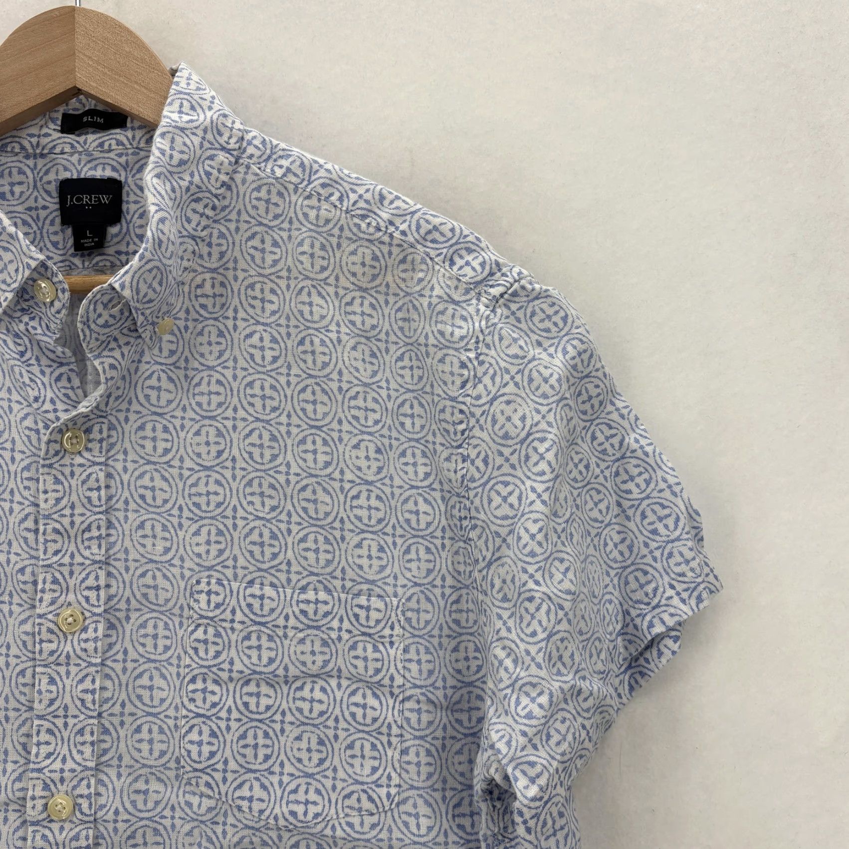 J.Crew J. Crew Shirt Mens Large Blue Geometric Print Linen Short Sleeve Button Up Slim Size US L / EU 52-54 / 3 - 2 Thumbnail