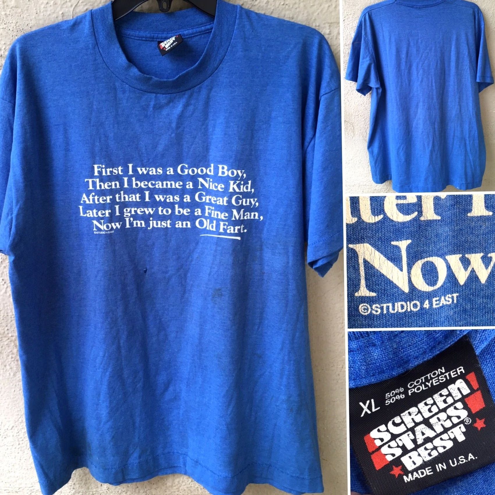 Vintage VINTAGE Old Fart T-Shirt Screen Stars c STUDIO 4 EAST XL Blue 1980s 50/50 Single Stitch Made In USA Mens Graphic Tee Size US XL / EU 56 / 4 - 3 Thumbnail