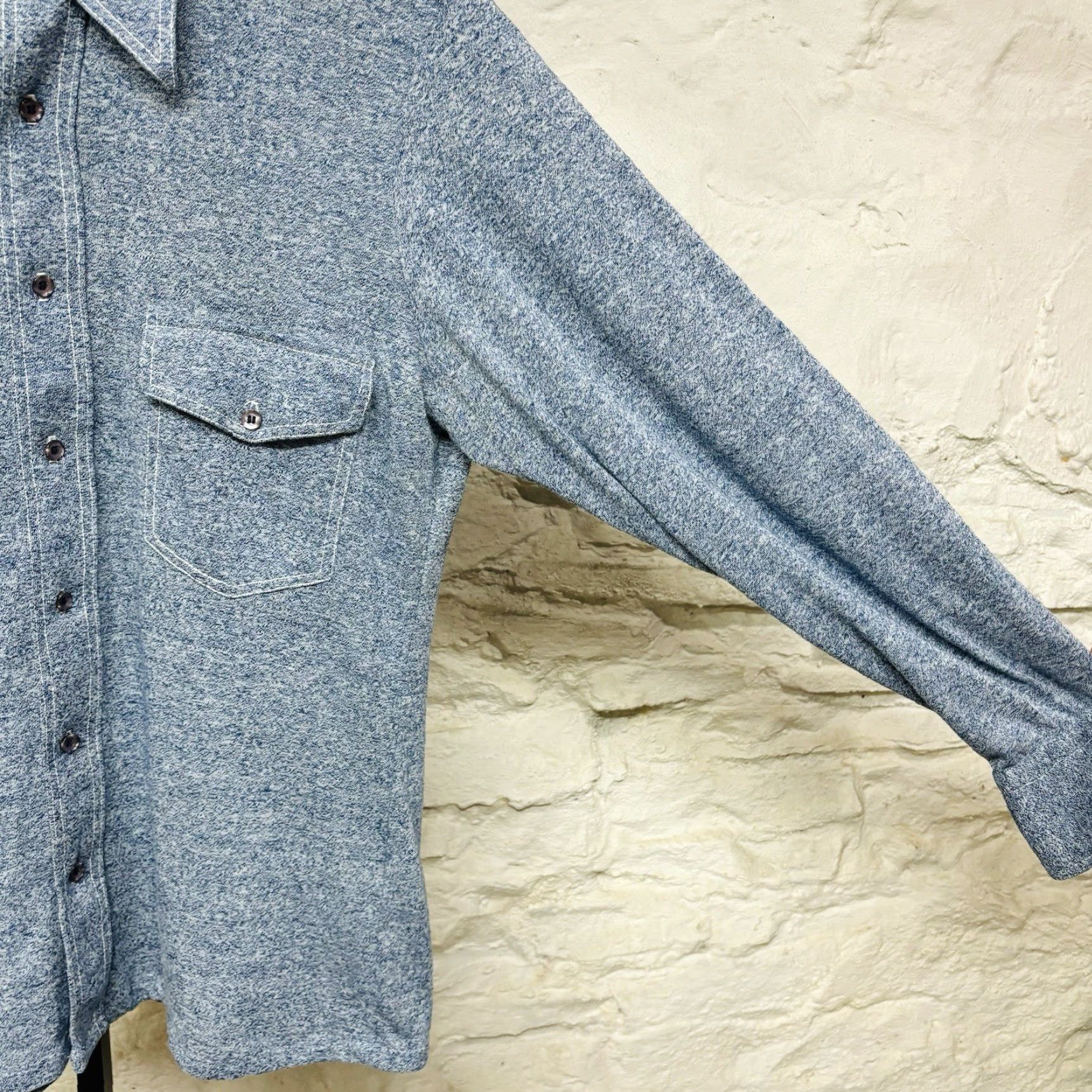 VINTAGE Puccini di Roma Knit Dagger Collar Spread Button Up Shirt 60s 70s Mens Blue Long Sleeve Polyester Knit Shirt Button-Up Collar Spread 15.5