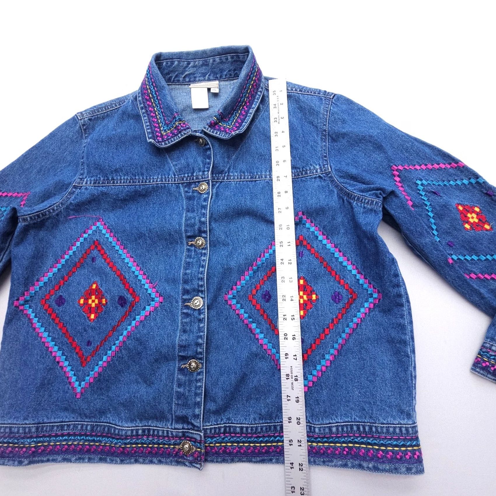Coldwater Creek VTG Coldwater Creek Embroidered Denim Jacket Southwestern Aztec Tribal Geometric Pattern Blue Women Jacket PL Petite Size Short Sleeve" Size L / US 10 / IT 46 - 6 Thumbnail