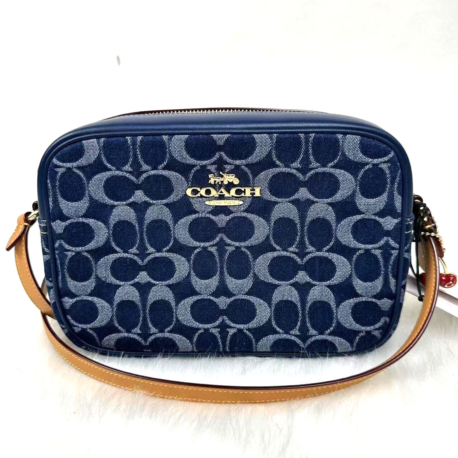 Coach Jamie Camera Bag Signature Denim Leather Cherry Charm in Blue, Women's