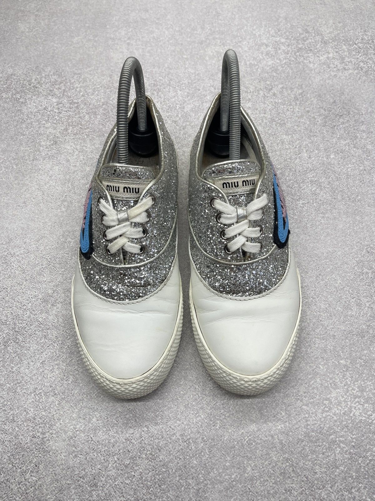 Miu Miu Miu Miu Leather Low Top Sneakers White/Glitter Silver Luxury Size US 7 / IT 37 - 4 Thumbnail