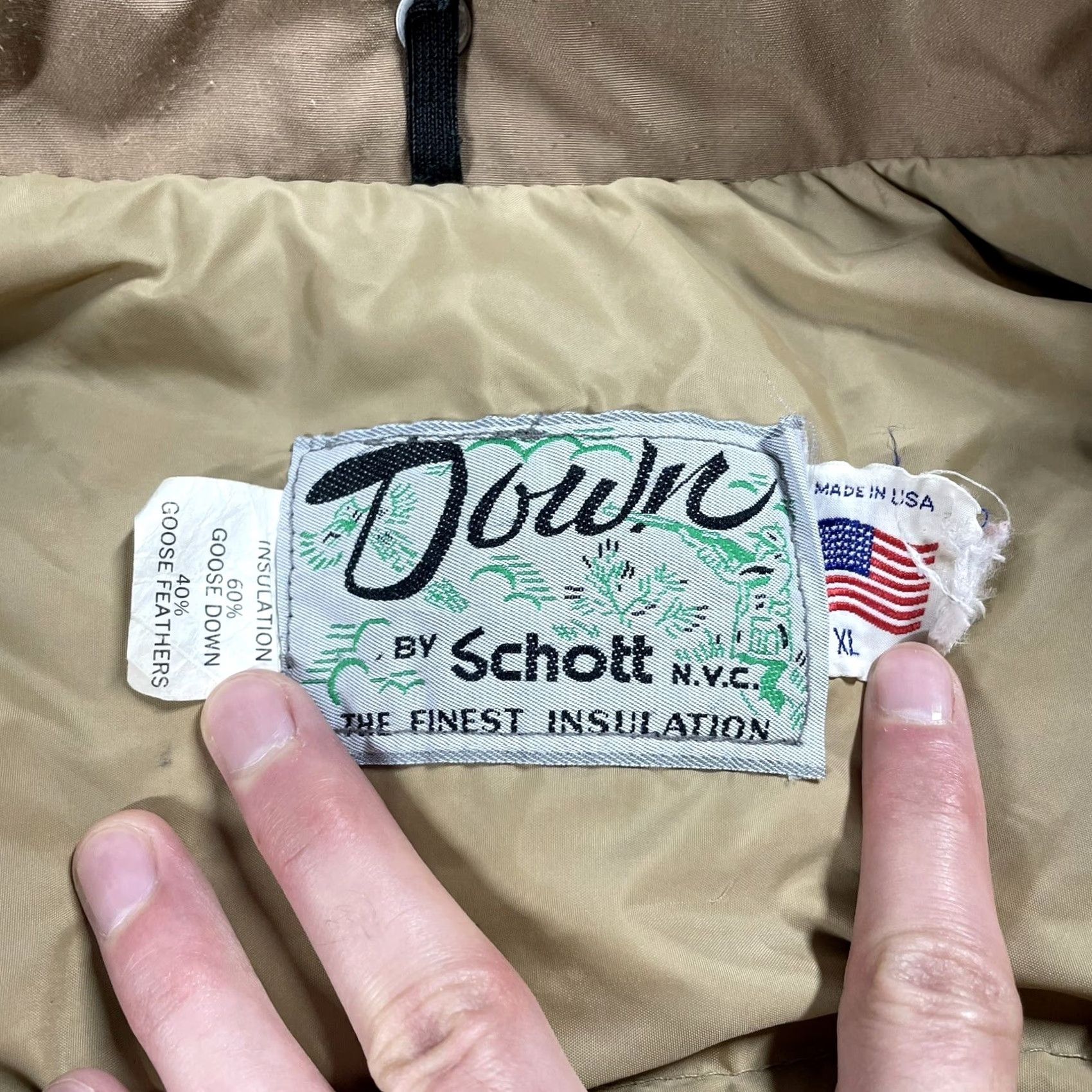 Schott VINTAGE Schott NYC Jacket Parka Hoodie Down Puffer Beige Men's XL L 70s Vintage Classic Casual Zip Hooded Quilted Nylon Down Filláticos Size US L / EU 52-54 / 3 - 5 Thumbnail
