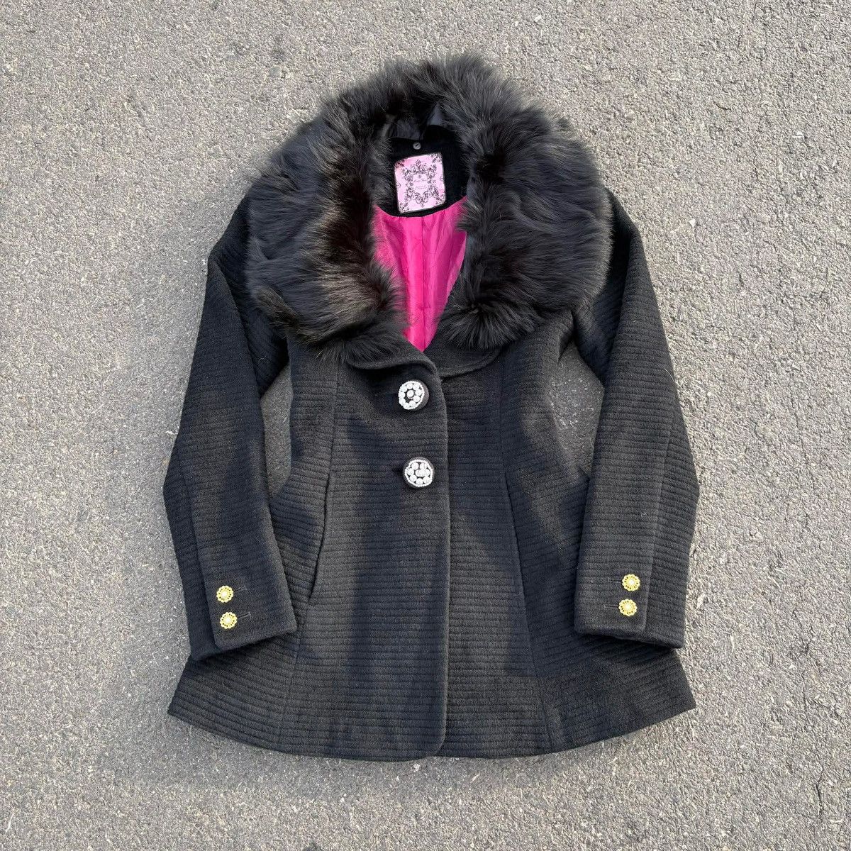 Japanese Brand Honey Bunch Black Wool Coat with Faux Fur Collar Y2K Size S / US 4 / IT 40 - 1 Thumbnail