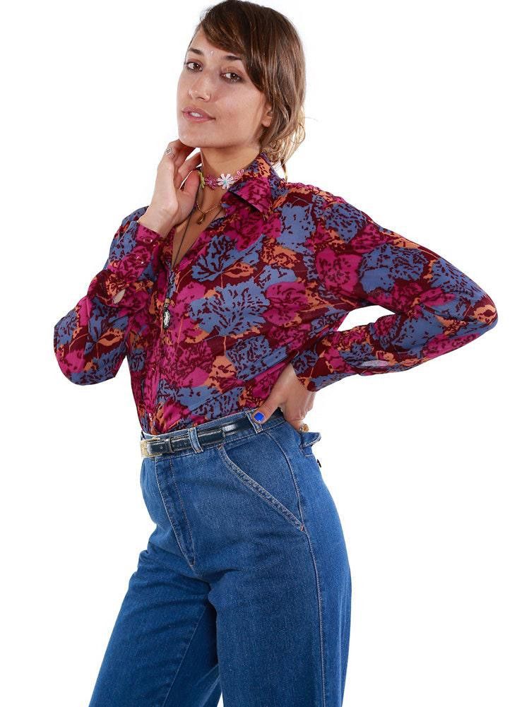 Designer Vintage 70's Floral Mr. Dino Button Down Blouse 60s Size XL / US 12-14 / IT 48-50 - 3 Thumbnail