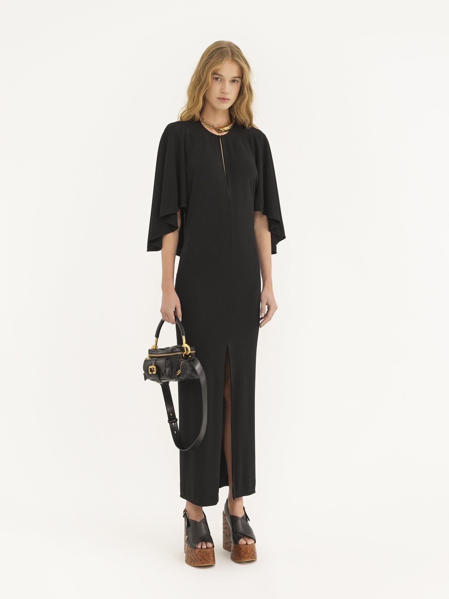Chloe o1loc1c11025 Long Cape Dress in Black Size M / US 6-8 / IT 42-44 - 2 Thumbnail