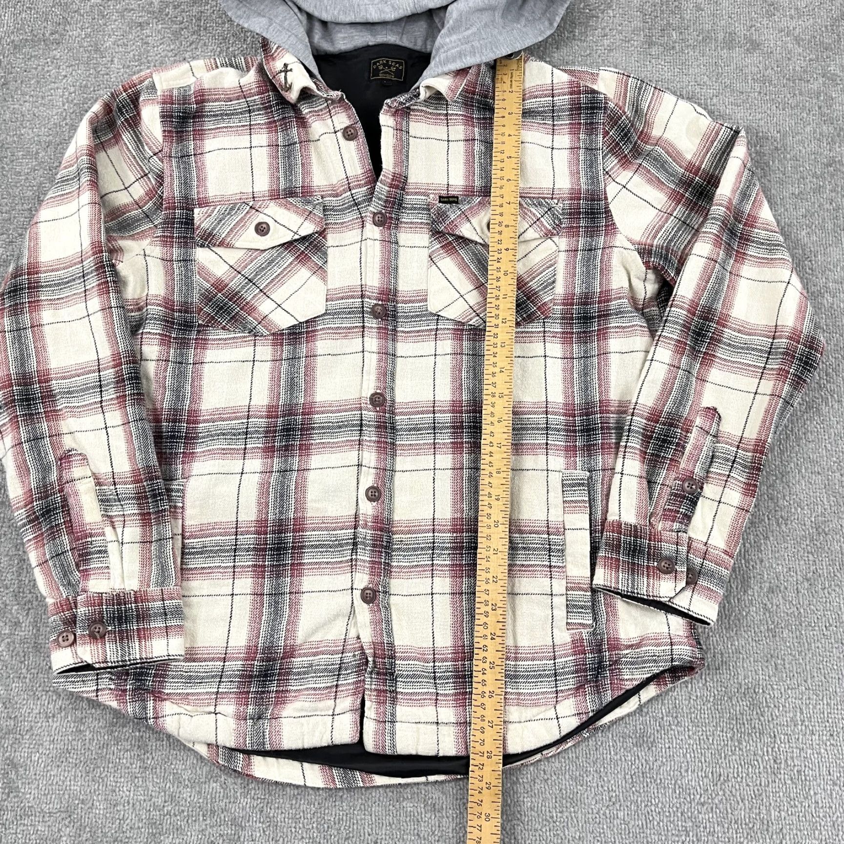Vintage Dark Seas Jacket Mens Large Brown Red Plaid Flannel Hooded Button Up Pockets Size US L / EU 52-54 / 3 - 5 Thumbnail
