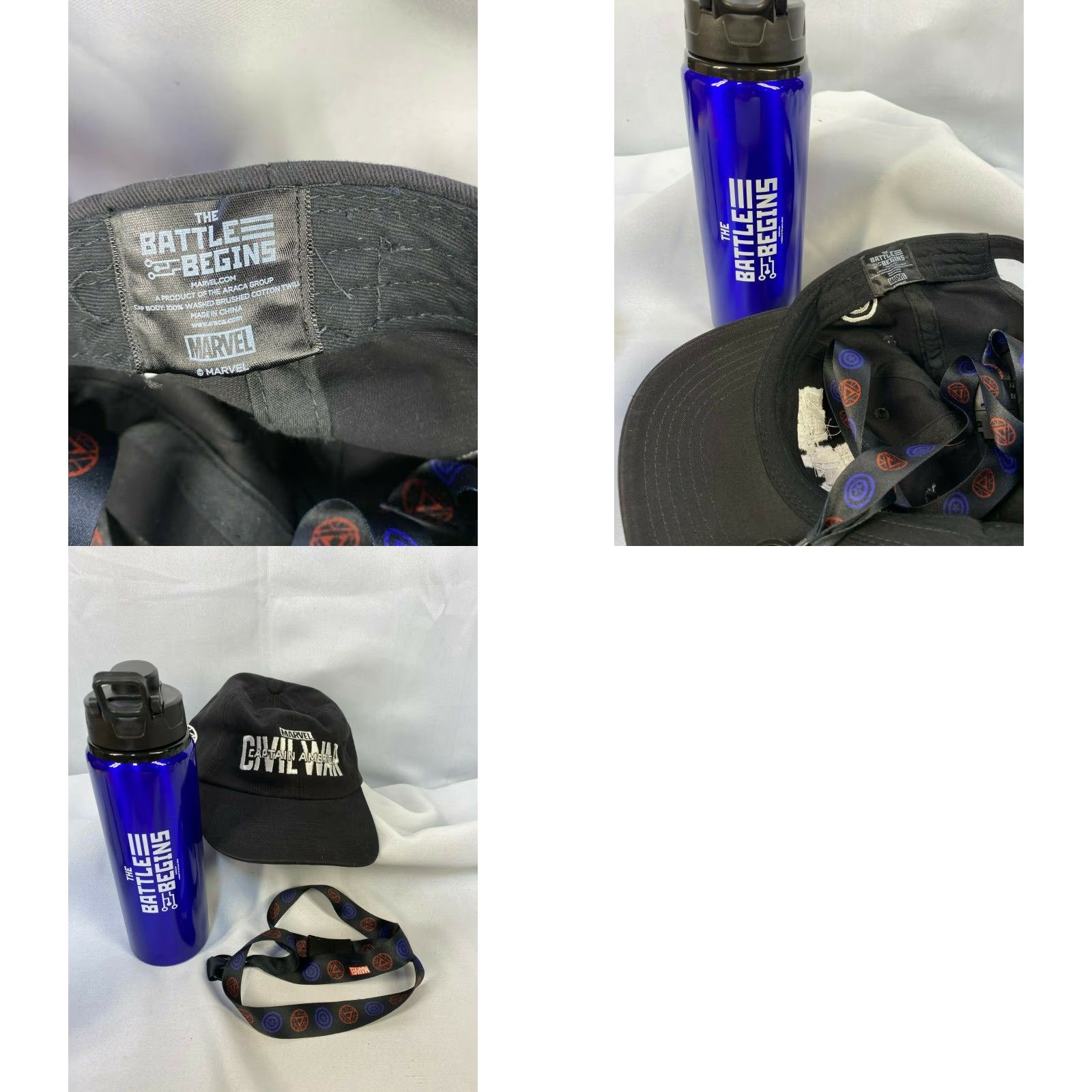 Vintage MARVEL CAPTAIN AMERICA Civil War Hat, Water Bottle & Key Chain Set - Adults, Black Hat, Blue Bottle - Official Merchandise Size ONE SIZE - 8 Thumbnail