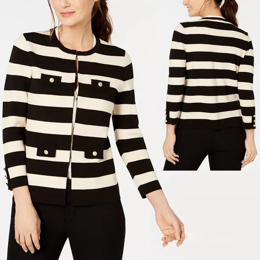 Anne Klein New Anne Klein Black White Striped Cardigan Size L Size L / US 10 / IT 46 - 1 Thumbnail