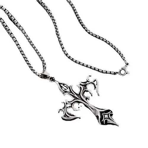 Jewelry Vintage Flame Cross Pendant Necklace Long Chain Punk Gothic Size ONE SIZE - 4 Thumbnail