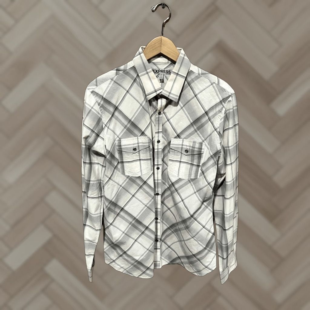 Express Express Shirt Mens White Plaid Long Sleeve Button-Up Dress Size L Size 42R - 1 Thumbnail