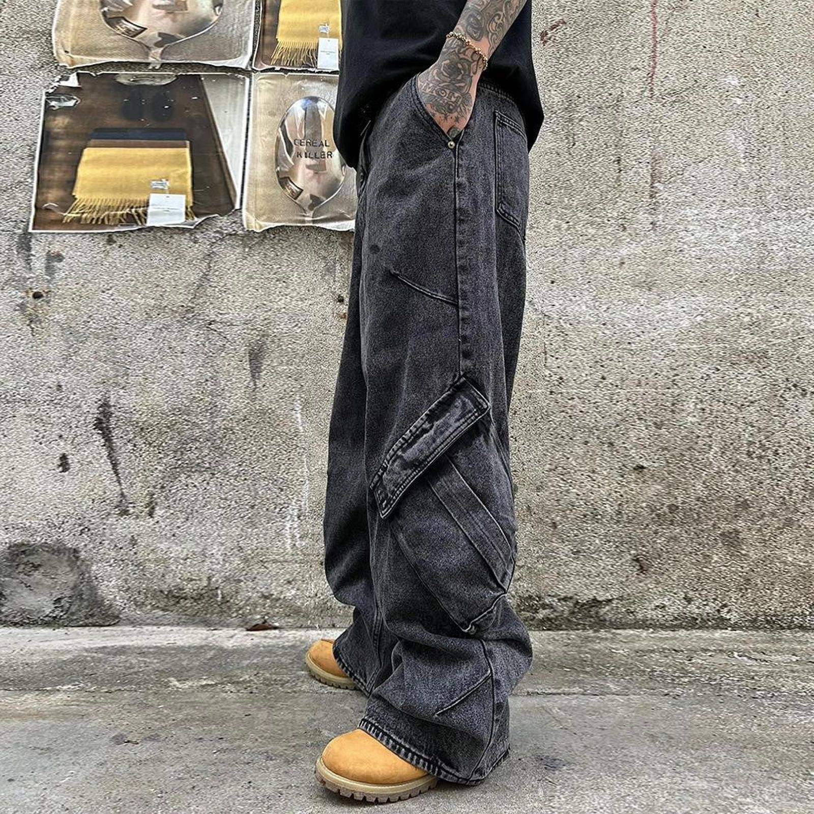 Japanese Brand Black Baggy Cargo Flared Denim Pants, Wide Leg Jeans Size US 32 / EU 48 - 4 Thumbnail