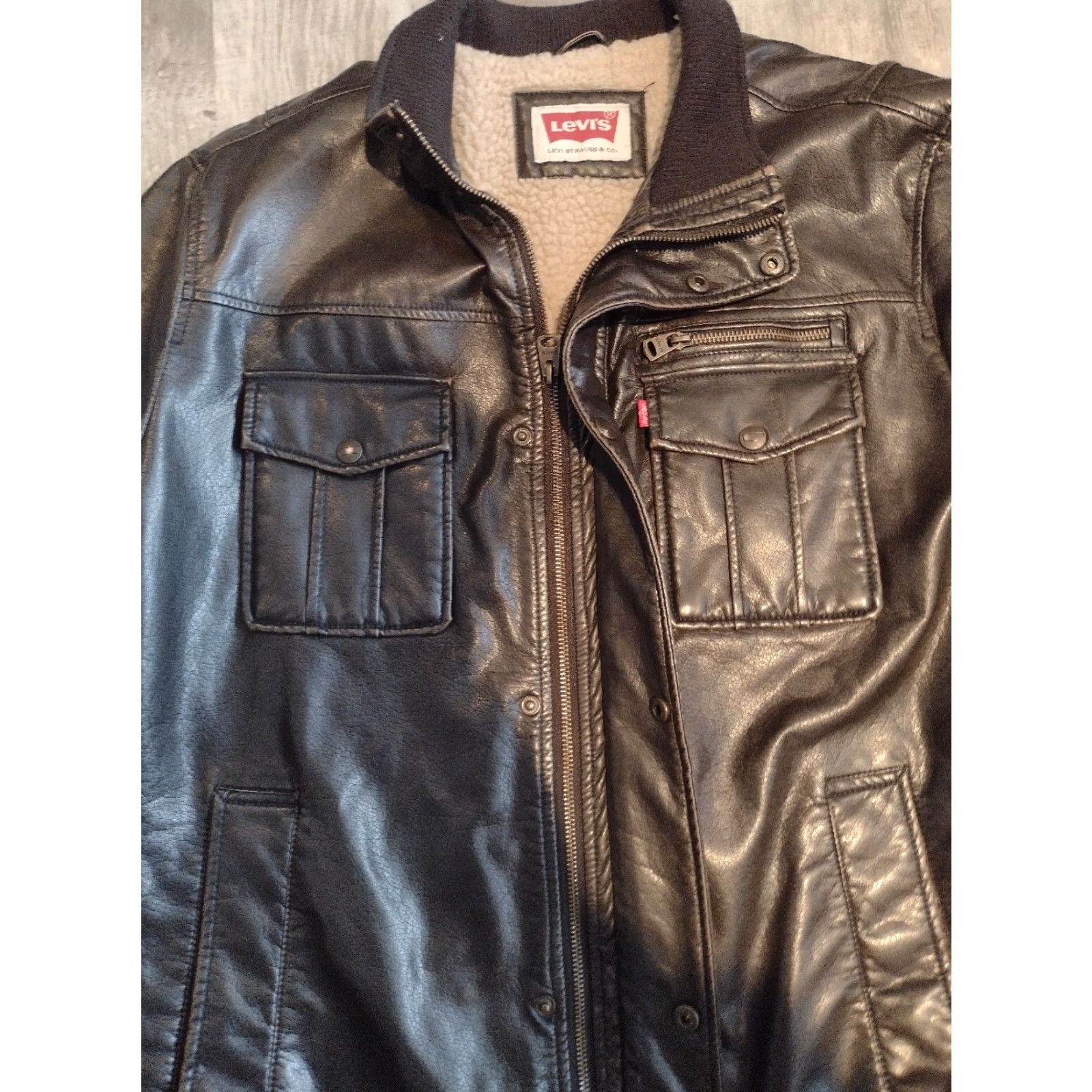Vintage VINTAGE Levi Strauss & Co. Motorcycle Jacket Mens XL Brown Polyurethane Faux Leather 90s 2000s zippers pockets Size US XL / EU 56 / 4 - 5 Thumbnail