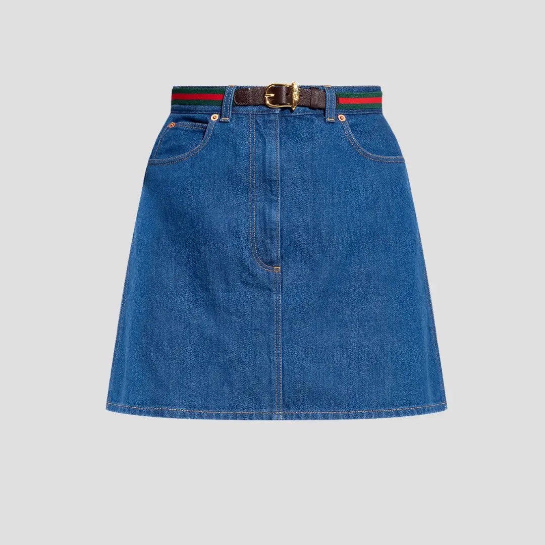 Gucci o1la5ras0526 Denim Mini Skirt With Web Belt in Blue Size 34" / US 12 / IT 48 - 1 Thumbnail