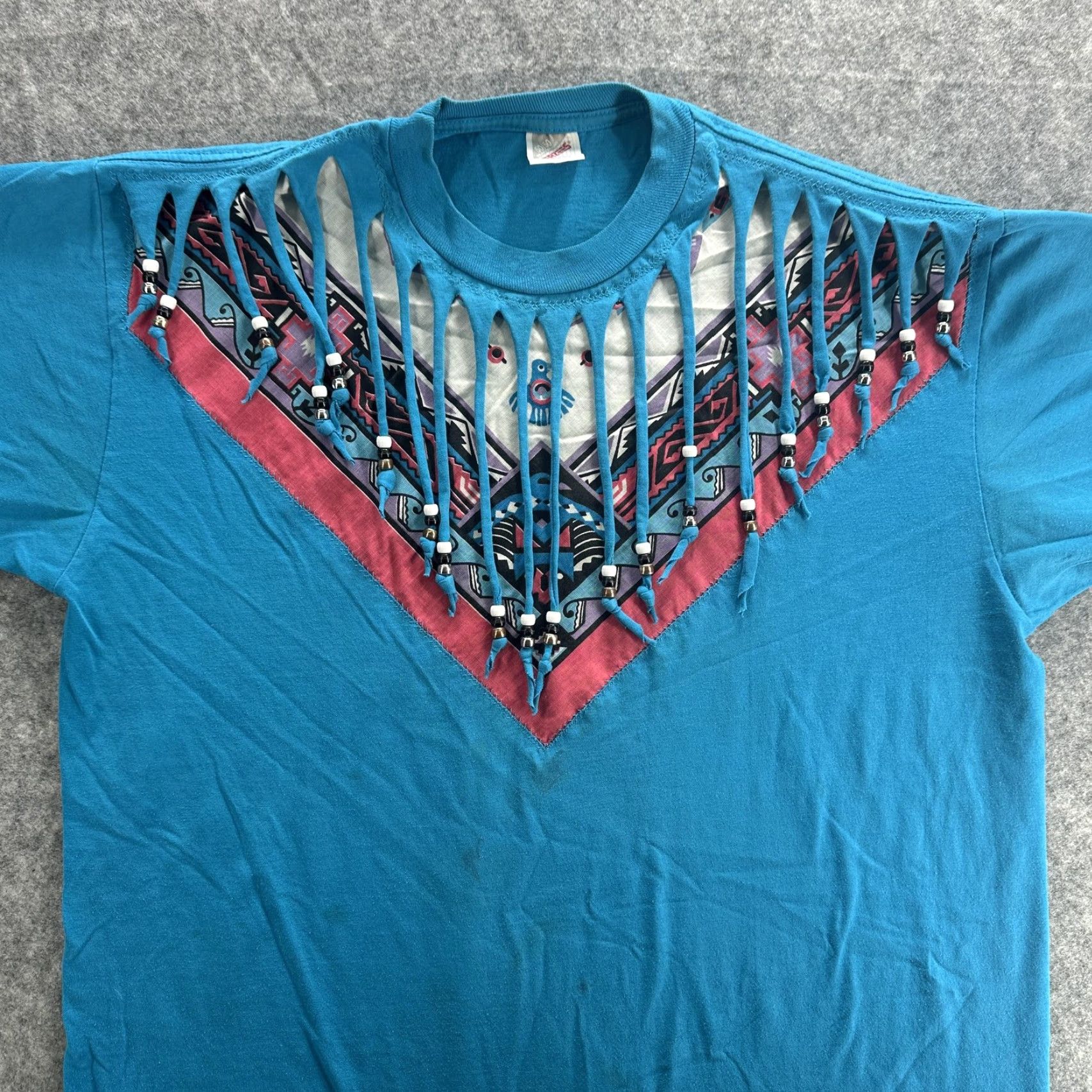 Jerzees Vintage Jerzees Shirt Mens XL Blue Aztec Fringe Beads Southwestern USA 90s Size US XL / EU 56 / 4 - 2 Thumbnail