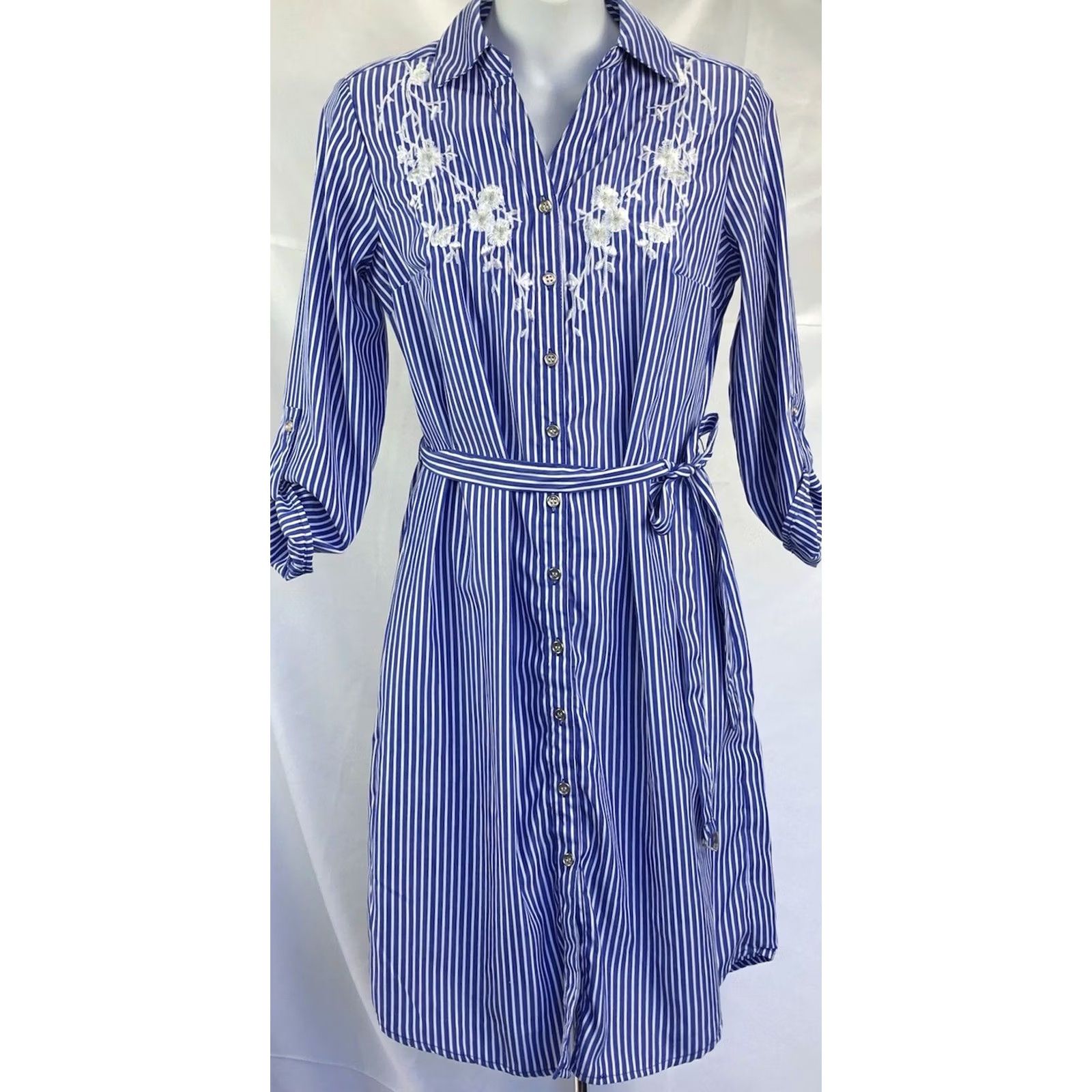 Etro VINTAGE Mlle Gabrielle Shirt Dress Blue White Stripe Knee Length S Roll Tab Sleeve Button Collar Casual Womens Size S / US 4 / IT 40 - 5 Thumbnail