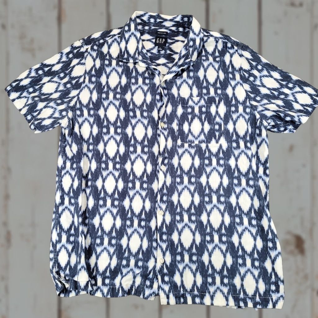 Gap GAP Mens L Linen Blend Short Sleeve Button Up Shirt Indigo Ikat Print Size US L / EU 52-54 / 3 - 1 Thumbnail