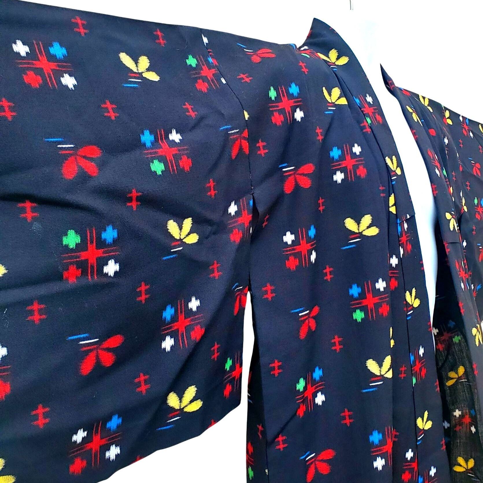 Handmade Vintage Black Kimono Abstract Floral Wool Blend Hand Stitche Size M / US 6-8 / IT 42-44 - 3 Thumbnail
