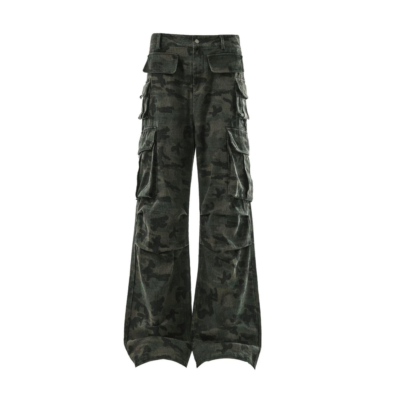 Japanese Brand Dark Green Camo Stacked Flared Cargo Pants, Wide Leg Pants Size US 32 / EU 48 - 5 Thumbnail