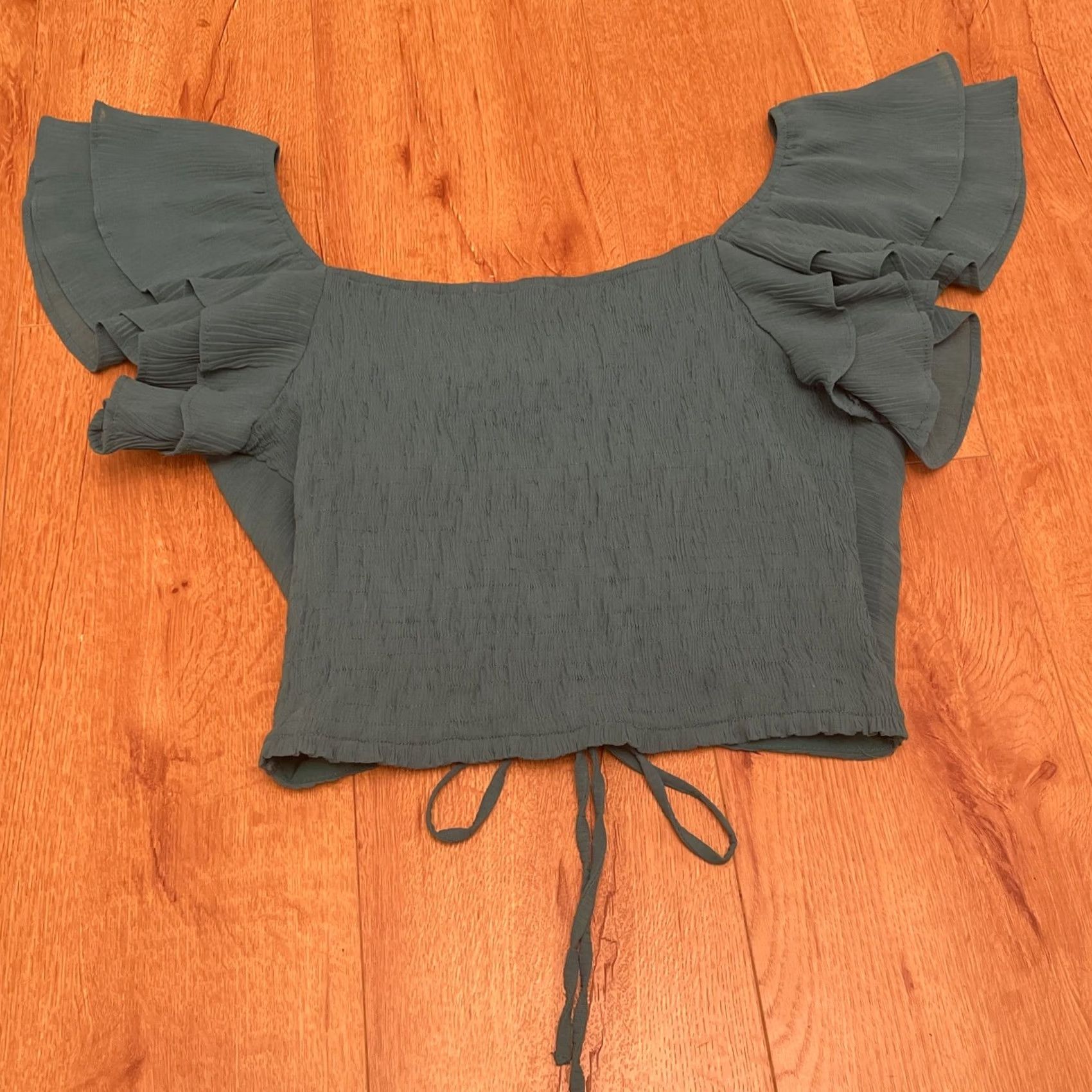 Roots Root Willow Teal Ruffle Sleeve Crop Blouse Med Rouged Tie Front Smocked Boho Women Size M / US 6-8 / IT 42-44 - 7 Thumbnail