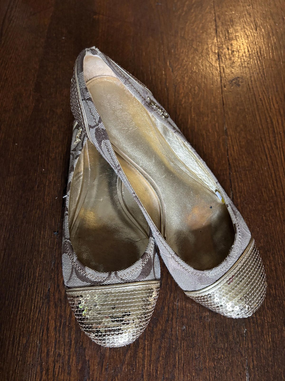 Coach Coach Women's Brown Signature Flats with Gold Sequin Toe Size US 7.5 / IT 37.5 - 1 Thumbnail