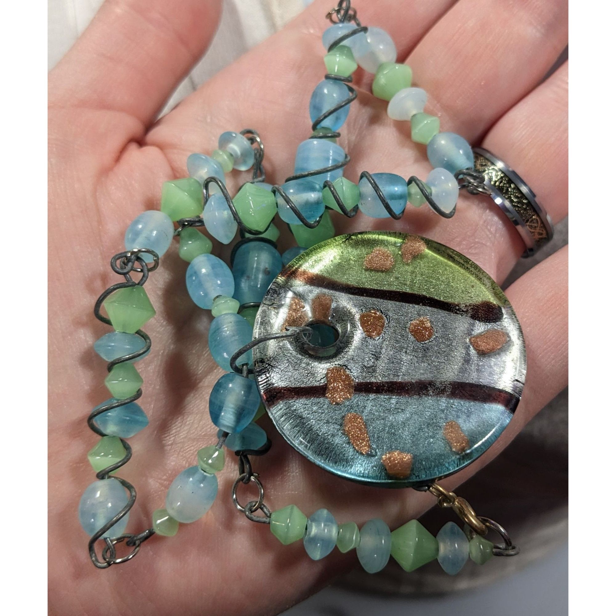Other Handmade Whimsical Wire Wrapped Blue And Green Glass Pendant Size ONE SIZE - 7 Thumbnail