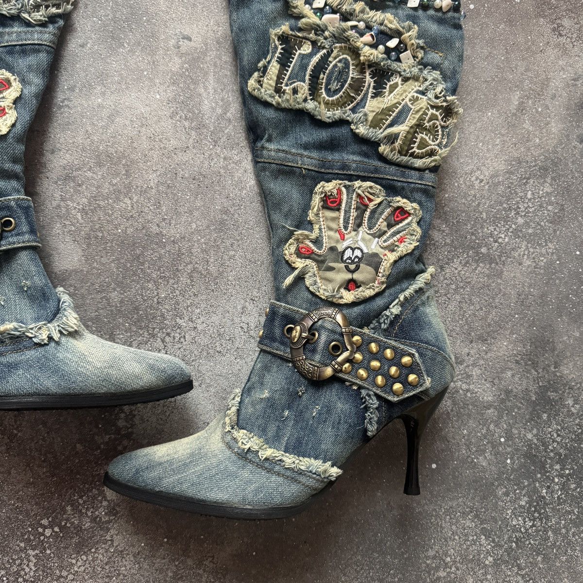 20471120 Vintage Distressed Patchwork Y2K Knee-High Jeans Boots Size US 7 / IT 37 - 7 Thumbnail