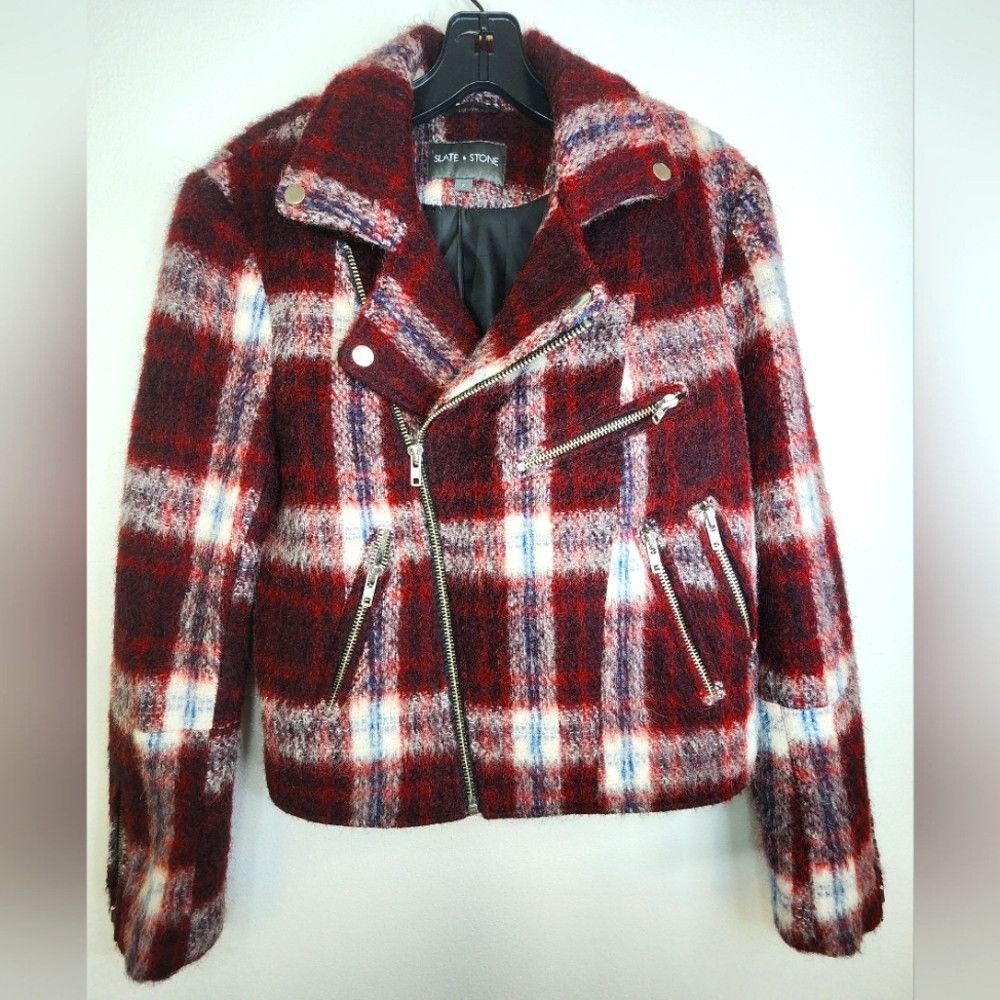 Slate & Stone Slate & Stone Plaid Red/White Wool-Blend Moto Jacket Size S / US 4 / IT 40 - 6 Thumbnail