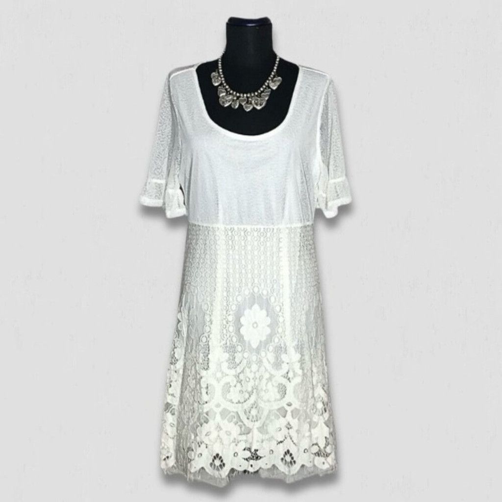 Vintage Y2K-Style Dress Fluttered Sleeves Sheer Lace Floral White M Size L / US 10 / IT 46 - 1 Thumbnail