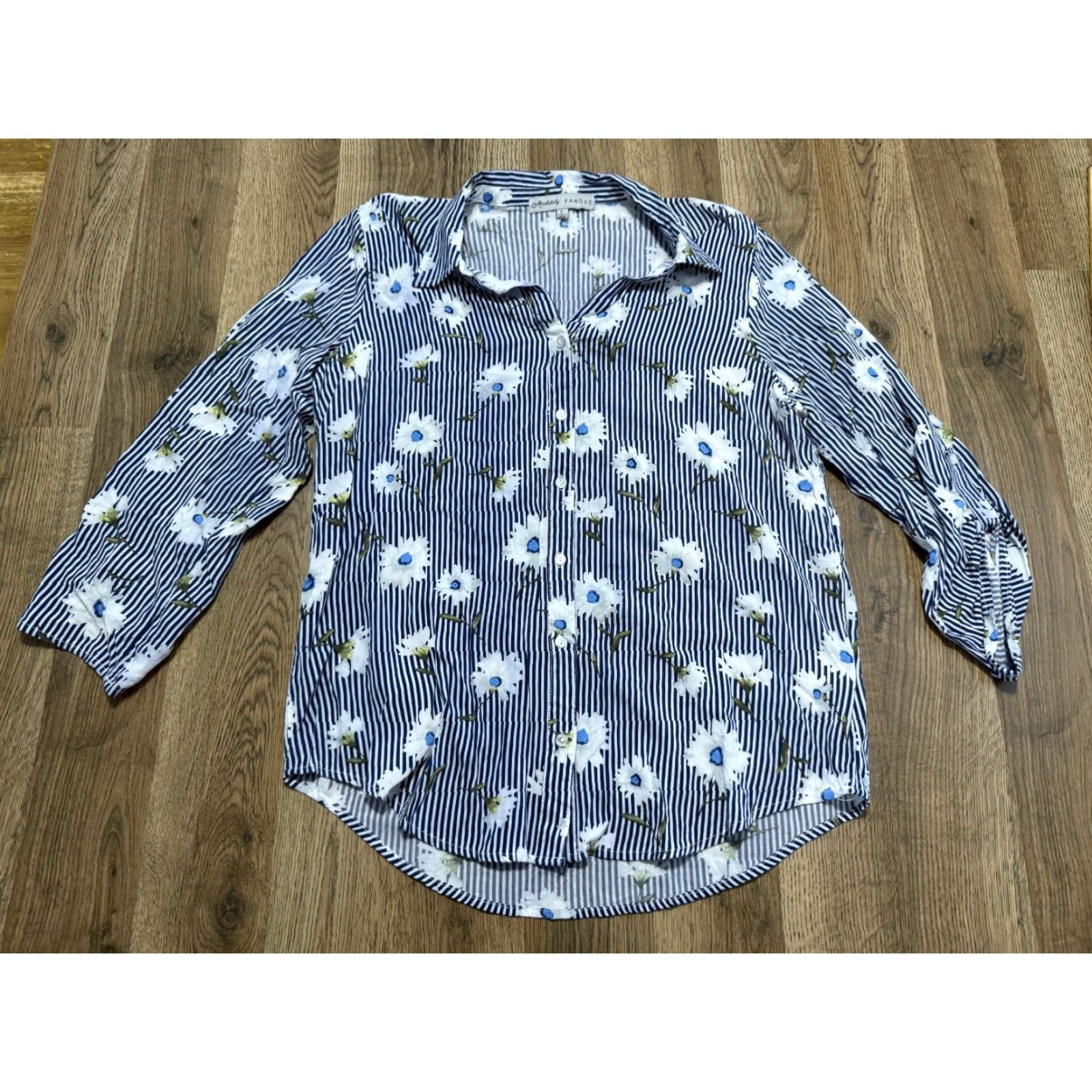 Vintage Absolutely Famous Blouse Shirt Womens Large Blue White Floral Button-Up Size L / US 10 / IT 46 - 2 Thumbnail